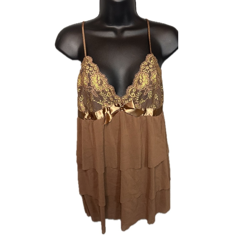 Vintage 80 90’s Y2K Copper Lace Teddy Tiered Babydoll Lingerie Dress size Medium